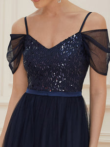 Color=Navy Blue | A-Line Sweetheart Neckline Ruffle Sleeve Tulle Bridesmaid Dress With Sequin-Navy Blue 5