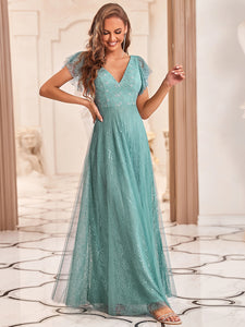 Color=Dusty blue | Double V Neck Lace Evening Dresses With Ruffle Sleeves-Dusty blue 8
