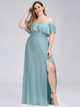 Load image into Gallery viewer, Color=Dusty Blue | Plus Size Women&#39;S A-Line Off Shoulder Ruffle Thigh Split Bridesmaid Dress-Dusty Blue 4