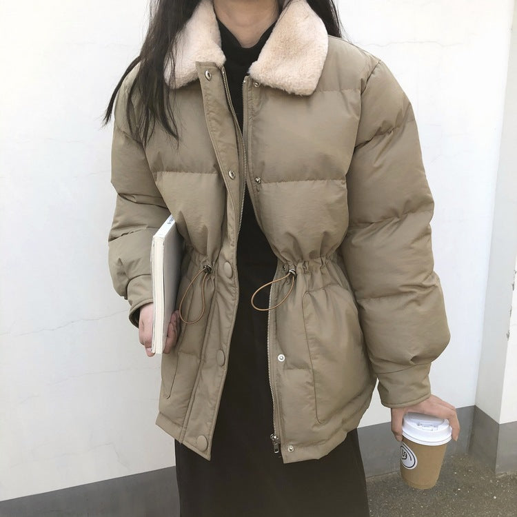 Women Waist Faux Rabbit Fur Lapel Warm Jacket Bread Coat Outerwear
