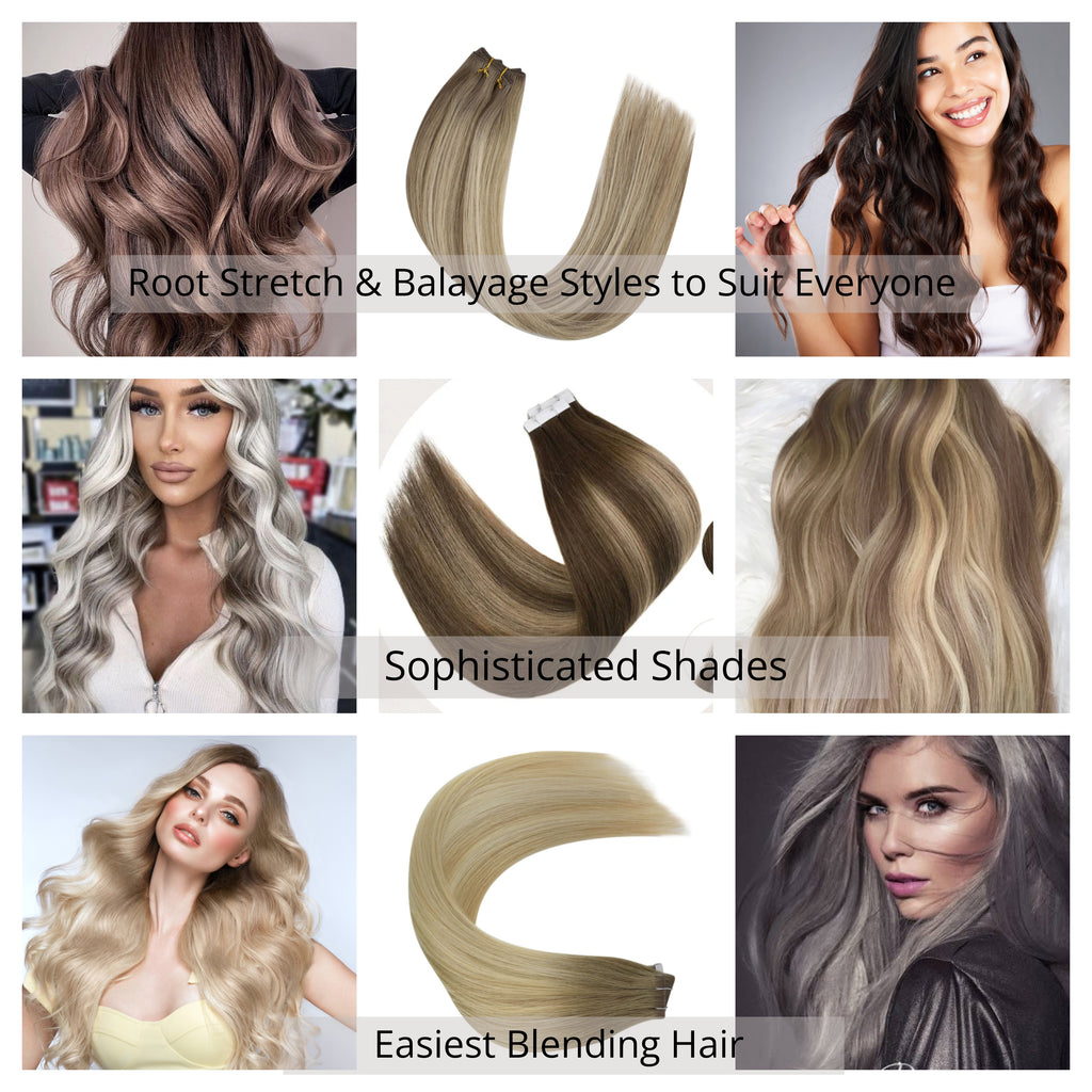 Balayage hair extensions, root stretch hair extensions, highlighted hair extensions