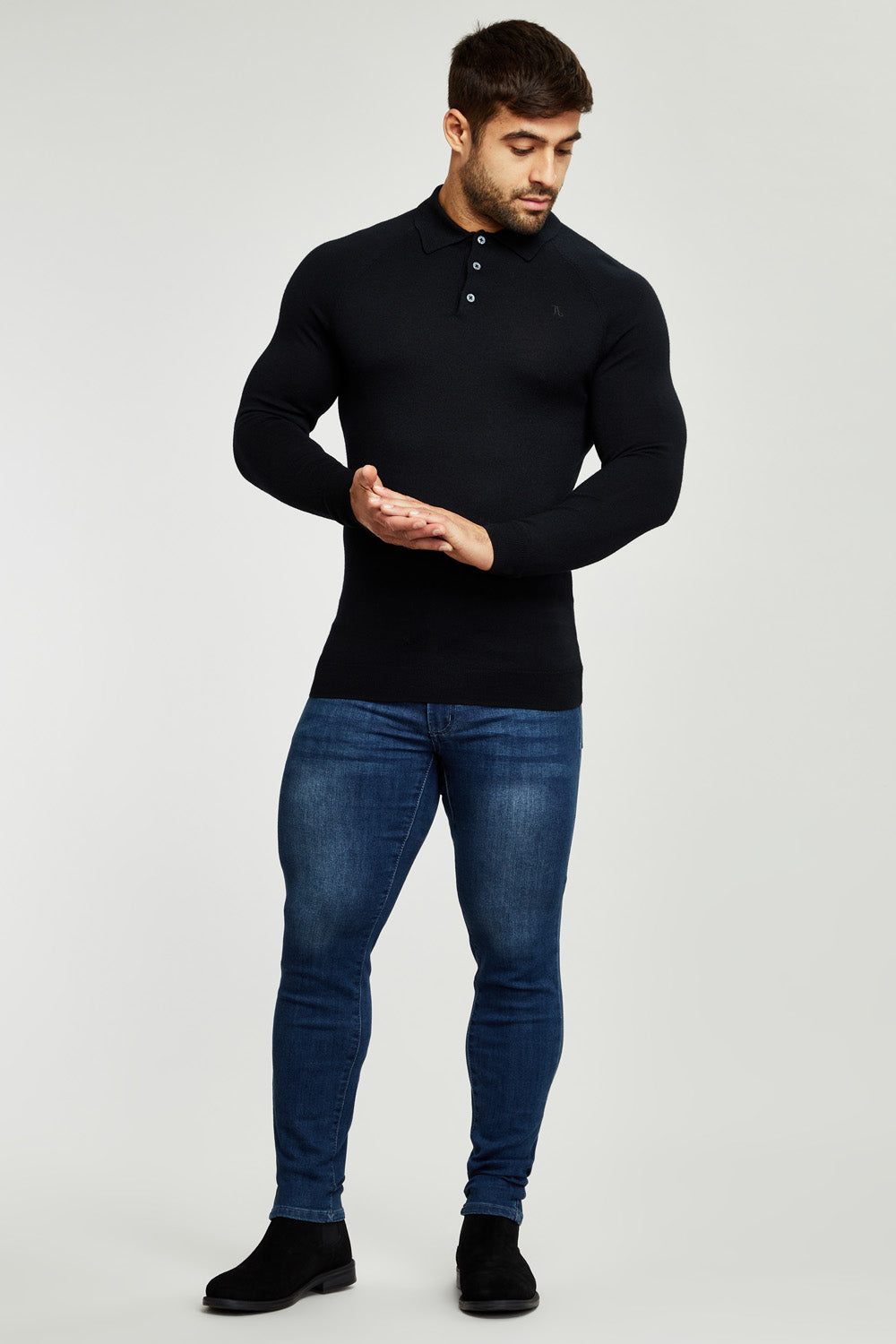 Merino Polo Shirt Long Sleeve in Black - TAILORED ATHLETE