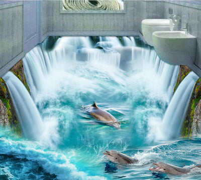 3D Custom Wall Sticker dophins in huge waterall flooring Painting Photo Wallpaper - Mirage Novelty World