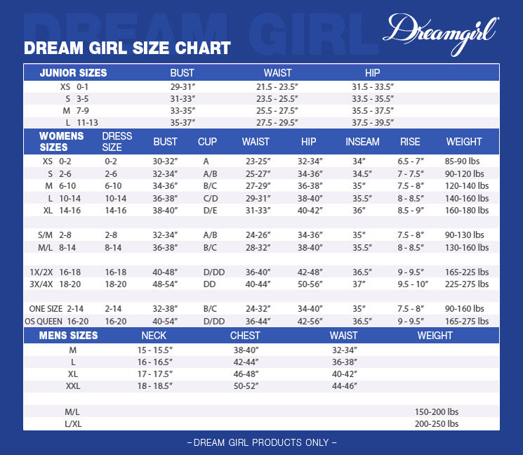 Dreamgirl Size Chart