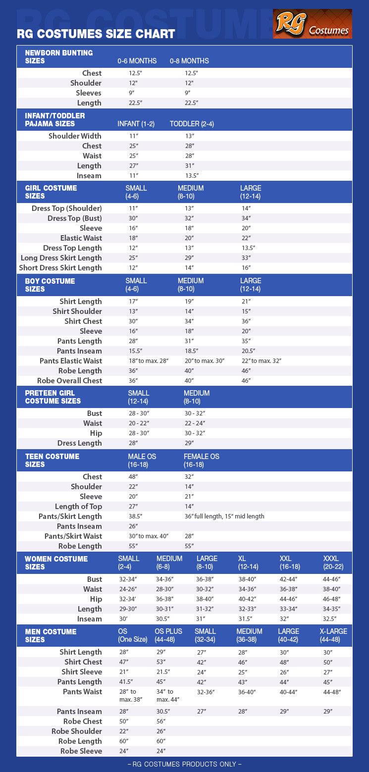 RG Costumes Size Chart