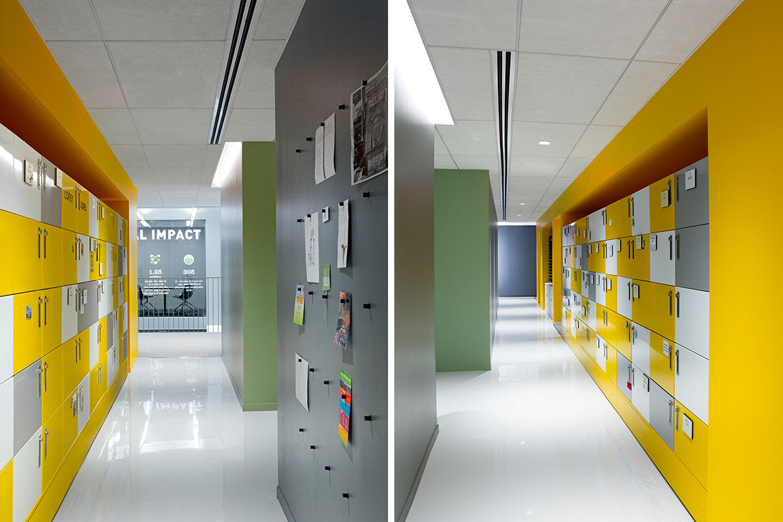 Heartwork Building Block Secure Modern digital lockers and locker wall for the Urban land Institute.