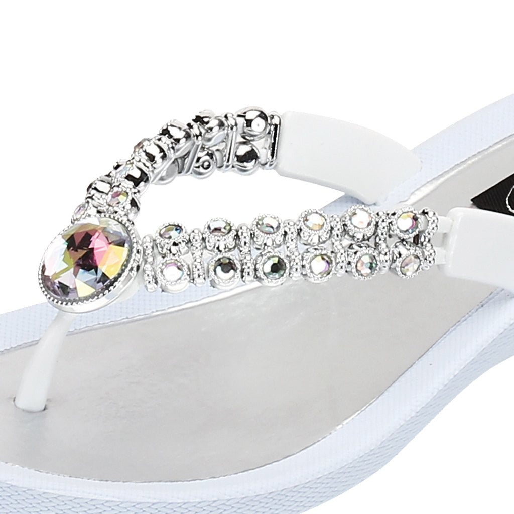 white flip flops with rhinestones