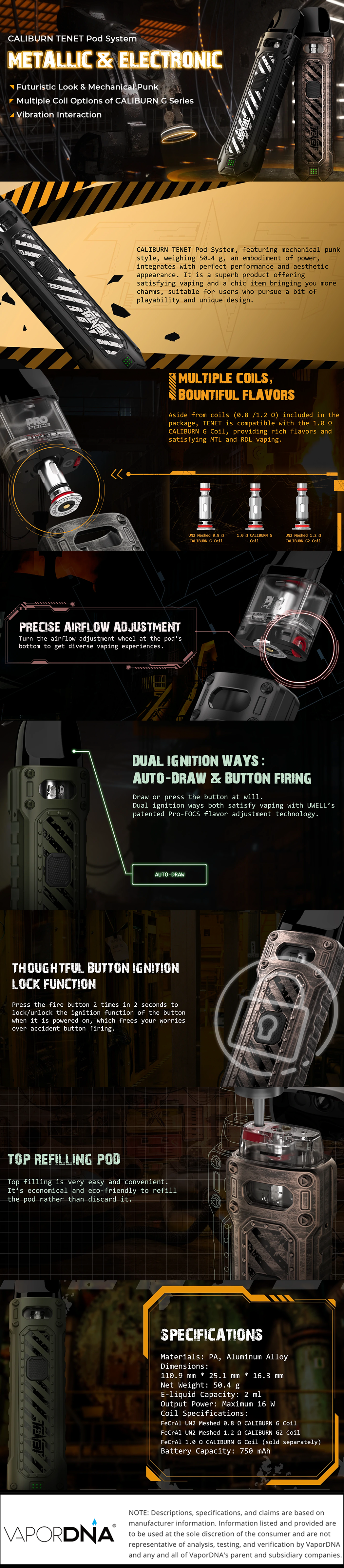 Uwell Caliburn Tenet Infographic