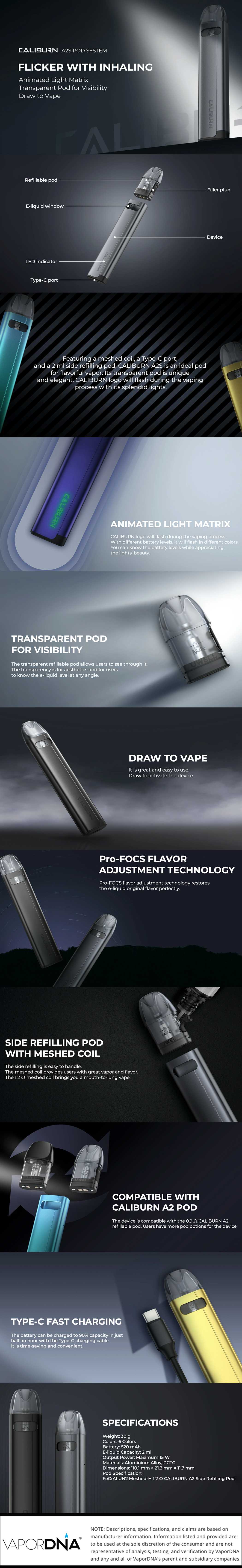 Uwell Caliburn A2S Pod System Infographic