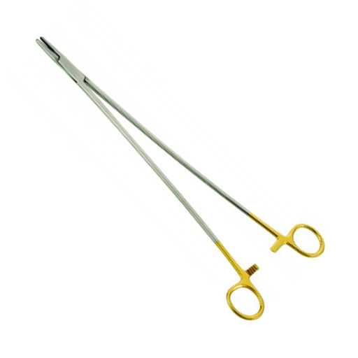 DeBakey vascular needle holder, 10'',straight, serrated TC jaws, gold ring  handle