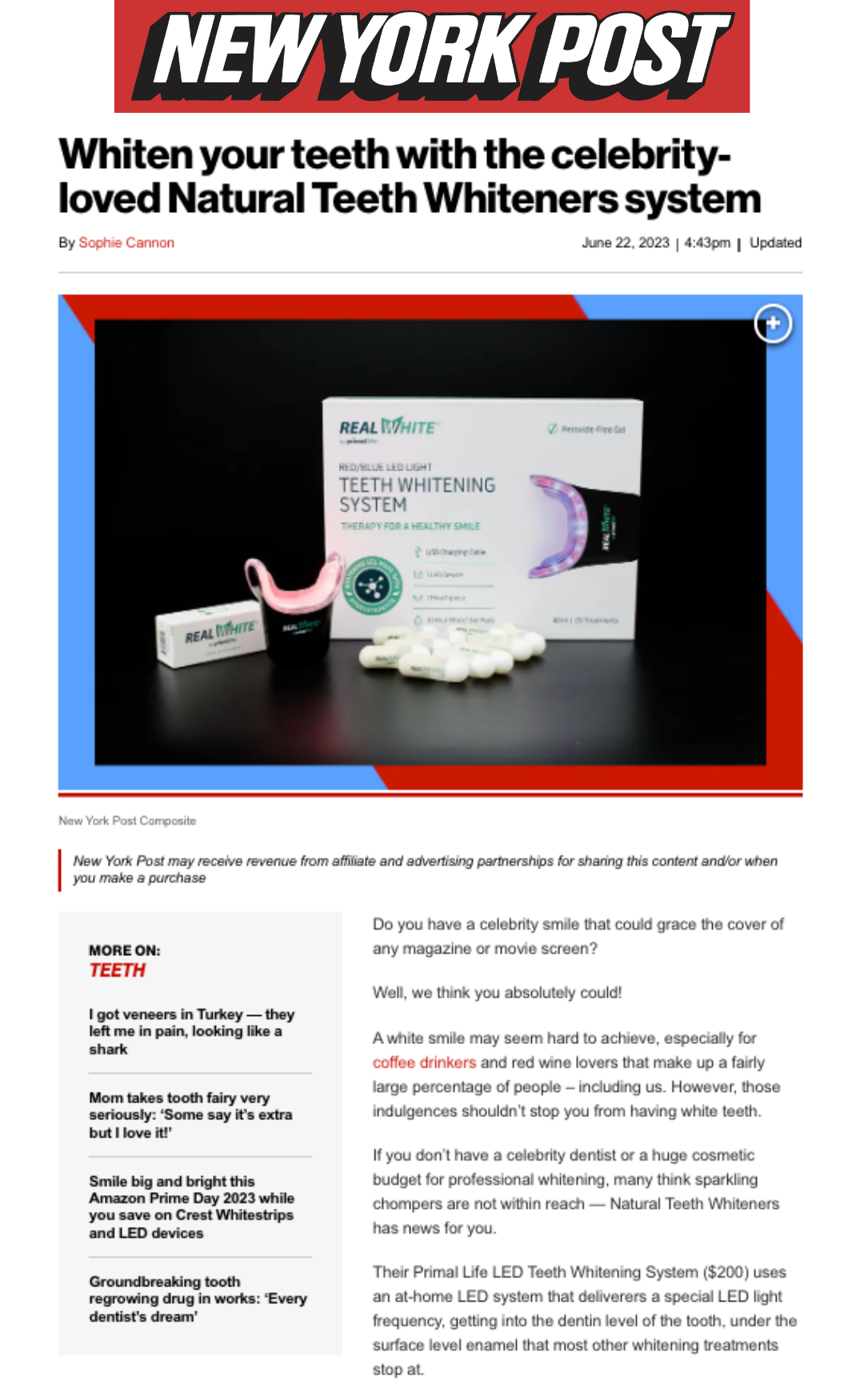 Primal Life Organics LED Teeth Whitening System featured in the New York Post