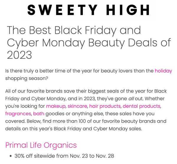 Sweety High Best Black Friday Beauty Deals - Featuring Primal Life Organics