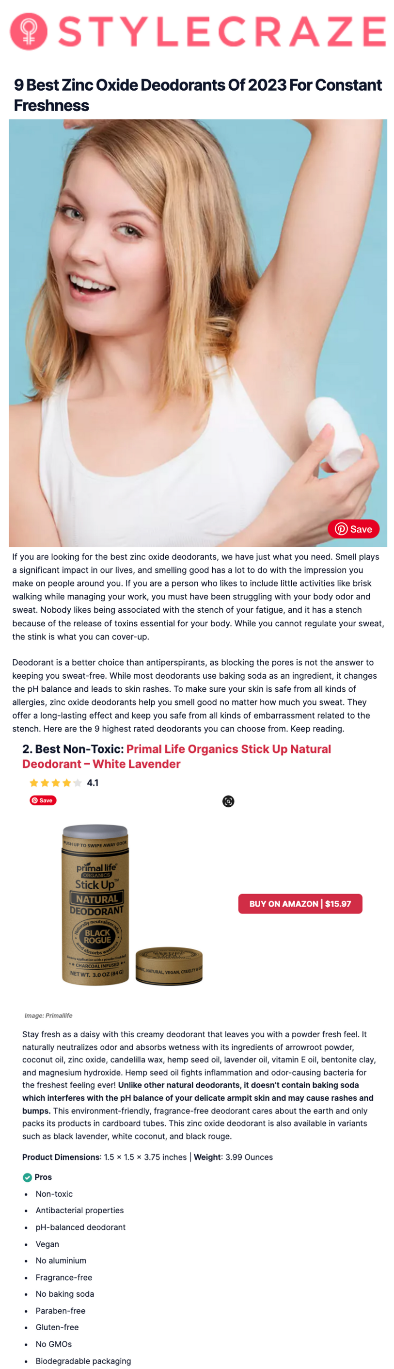 Primal Life Organics Stick Up Deodorant Best Non-Toxic Deodorant