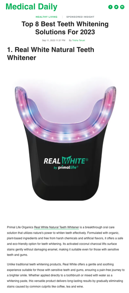 Primal Life Organics Real White Teeth Whitening System featured in Medical Daily