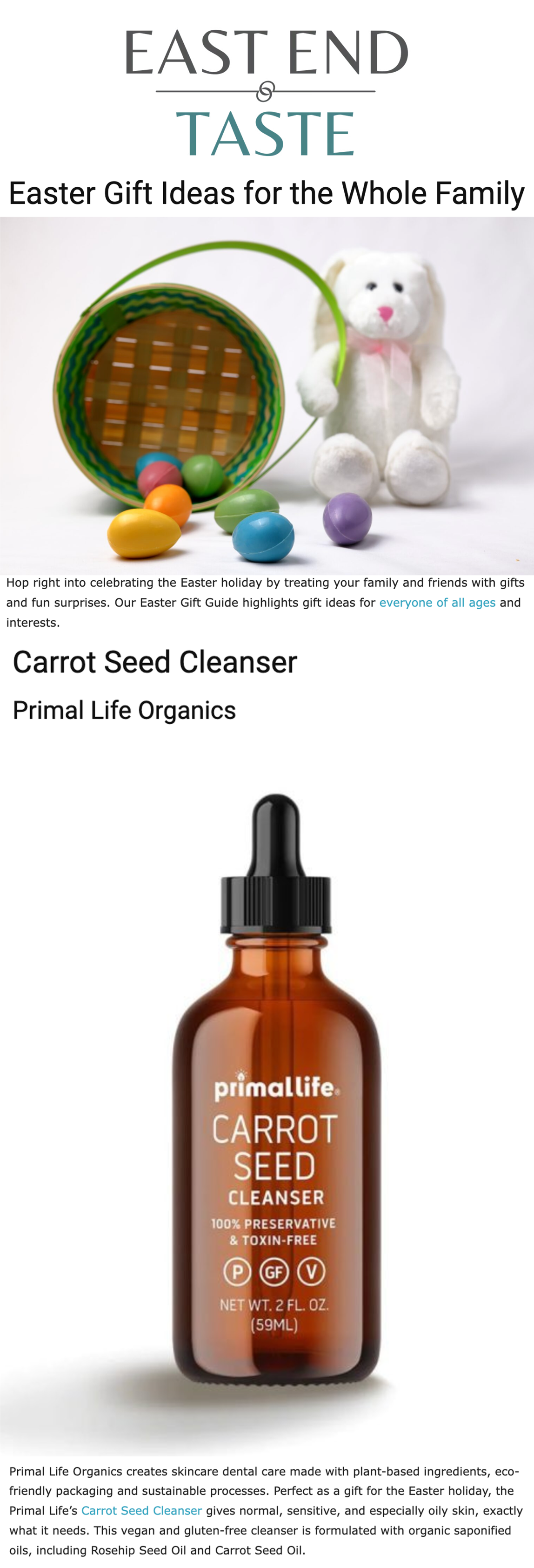 East End Table featuring Primal Life Organics Carrot Seed Cleanser
