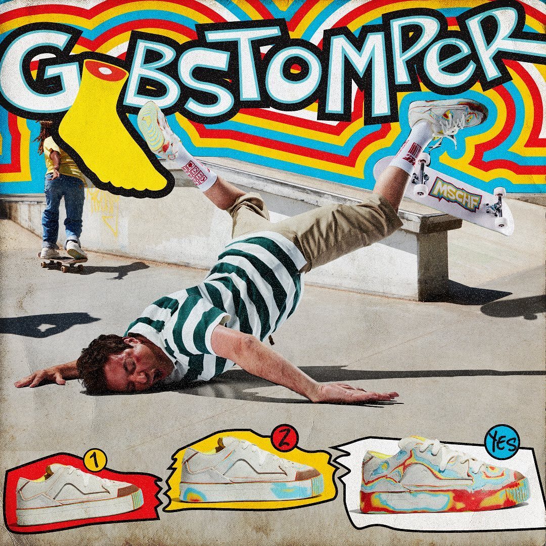 Photograph of Fallon falling off a skateboard and illustrating the website of the art collective.