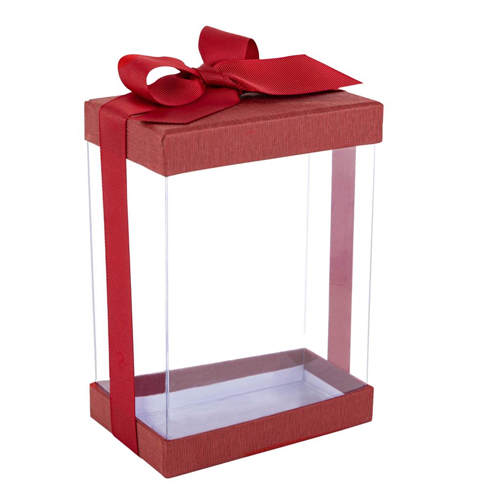 Clear Plastic Wine Bottle Gift Boxes 6 Pack Wine Boxes with Base Lid & Ribbon Maroon 3.5x3.5 x12.75