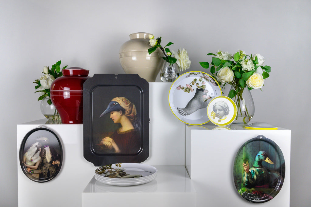 ibride stackable tableware made from melamine and mural trays of animal portraiture from laminate