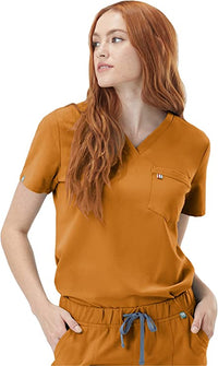 Mediclo Sales Essential Nurses scub top in Sunflower.  Made with Eco-friendly sustainable FYSEL fabric with a v-neck, chest pocket and can be worn out or tucked in.