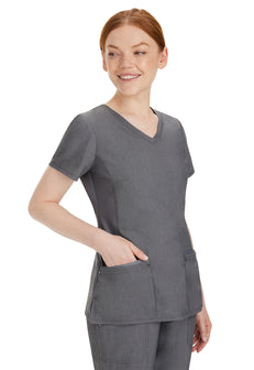 Healing Hands Juliet Yoga Scrub top for women has 2 deep pockets for lots of tools and equipment.  It's made with a poly-rayon-spandex fabric blend with is lightweight, soft and breathable.