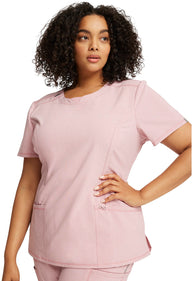 Nurse scrub top from the Infinity Cherokee range in Frosted Rose Heather. Round neck, rib-inset at front, shoulder yokes, front and back princess seams.  