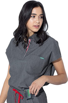 Mediclo Womens Medical scrub top.  It has a capri collar, chest pocket and is made with eco-friendly sustainable FYSEL fabric.