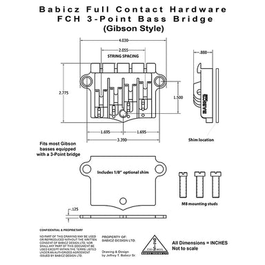 BB-3554-010 - Babicz Full Contact FCH 3PT BASS BRIDGE, 4 String W/SHIM