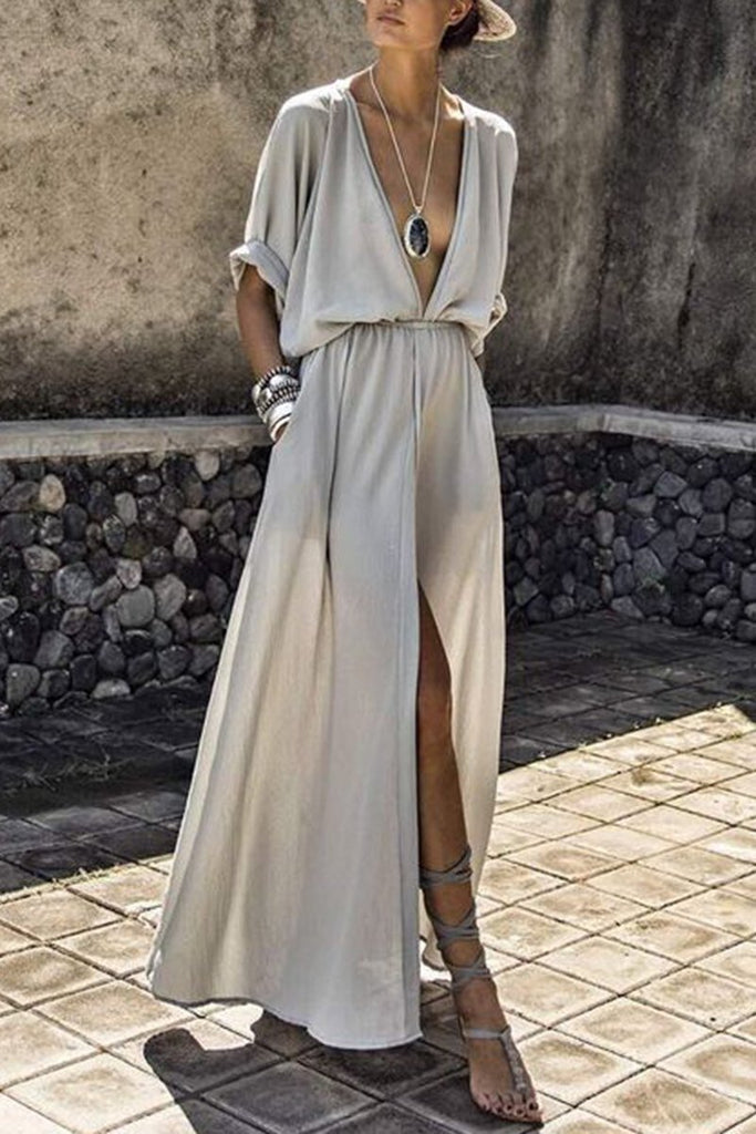 v neck plain maxi dress