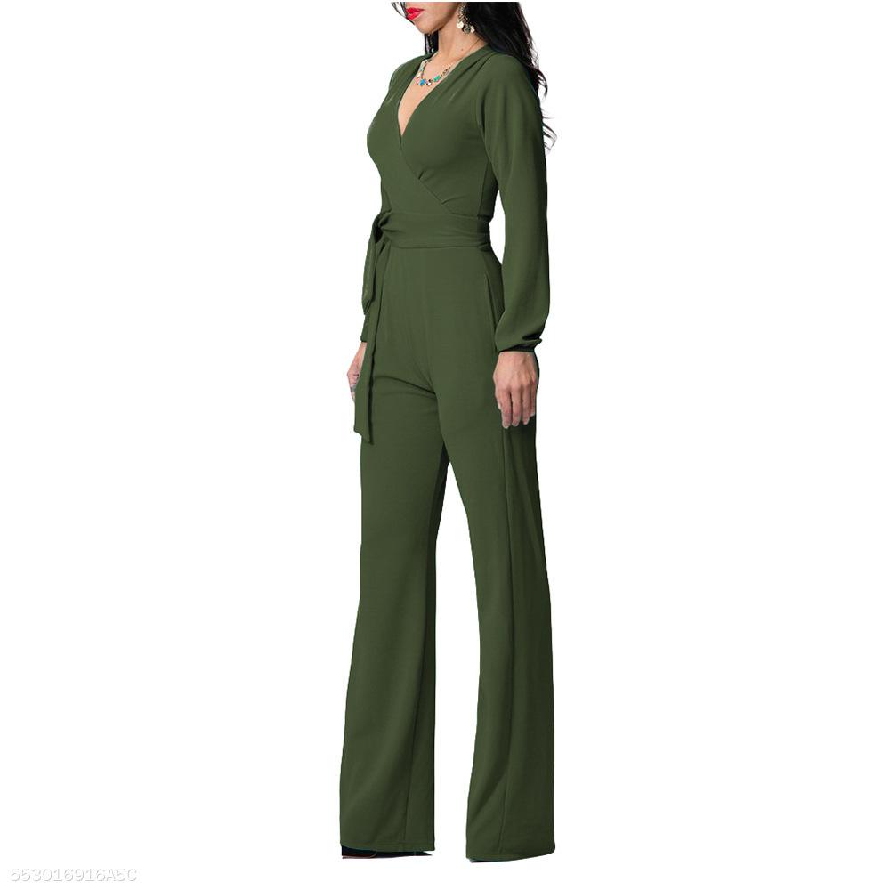 Fashion V Neck Trim Body With Long Sleeve Solid Color Jumpsuit – Joygos