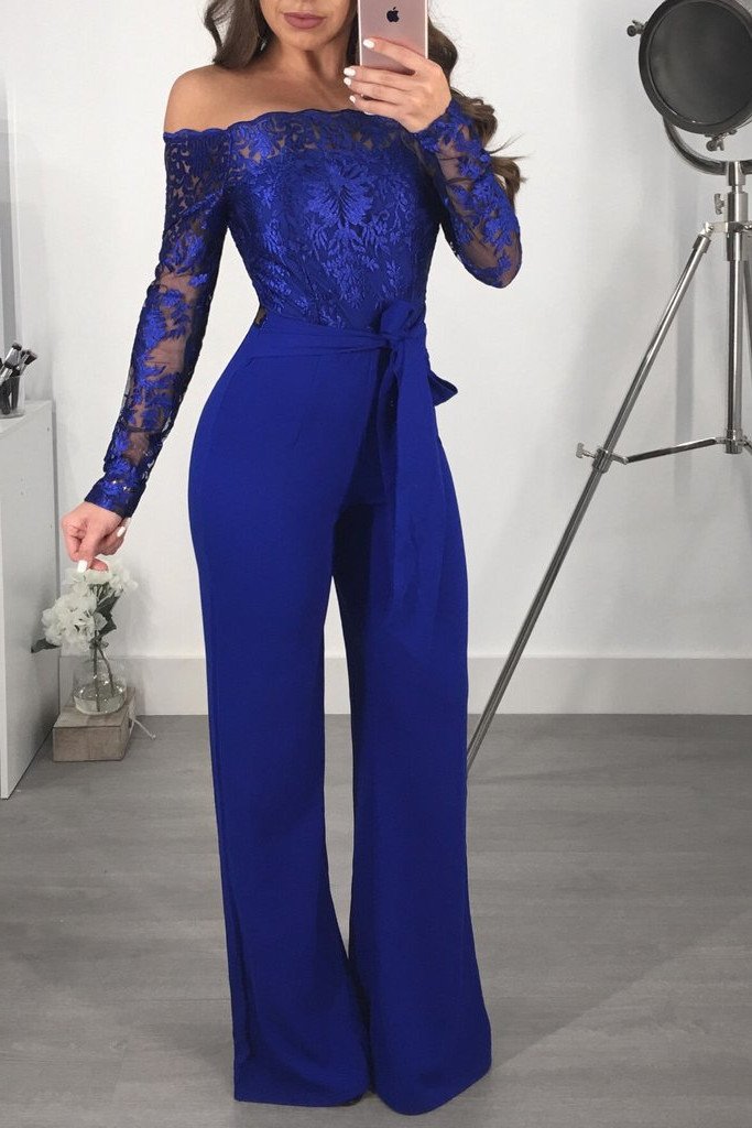 Sexy One Word Neck Off The Shoulder Lacy Embroidered Wide Leg Jumpsuit ...