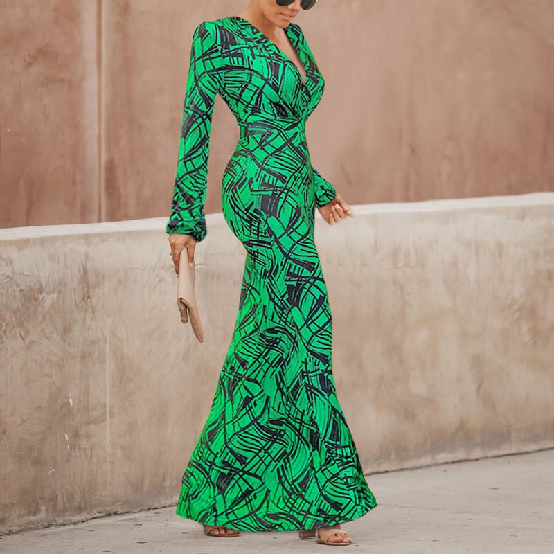Casual Sexy V Neck Geometric Pattern Printed Maxi Dress – Joygos