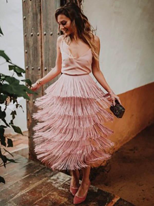 pink dress with tassels