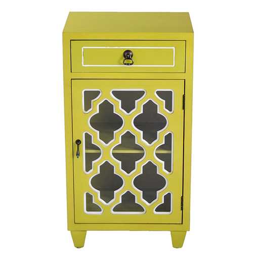 16'.75" X 12'.75" X 30'.75" Yellow MDF, Wood, Clear Glass Accent Cabinet with a Drawer and  Door & Arabesque Inserts