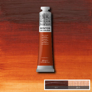 Winsor & Newton Winton Oil Paint 200ml Burnt Sienna  Burnt Sienna is a rich brown pigment made by burning Raw Sienna. Named after Siena in Italy, where the pigment was sourced during the Renaissance, it is a transparent pigment with red-brown tones. 