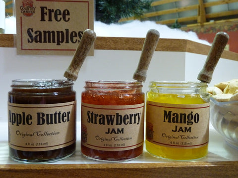 Apple butter, strawberry jam, and mango jam on our sample wheel at The Country Canner.