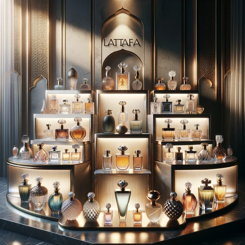 DALL·E 2024-03-12 11.51.21 - An exquisite display of Lattafa perfumes collection, featuring an array of elegant perfume bottles in various shapes and sizes, meticulously arranged .webp__PID:21a6ecc8-ff8d-4917-bab0-c8951108ad5f