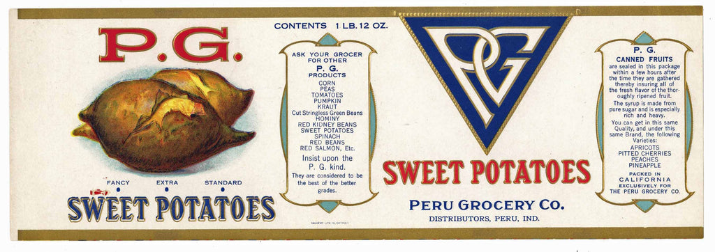 P G Brand Vintage Peru Indiana Sweet Potato Can Label Thelabelman