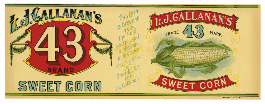 l j callanans 43 brand vintage sweet corn can label thelabelman