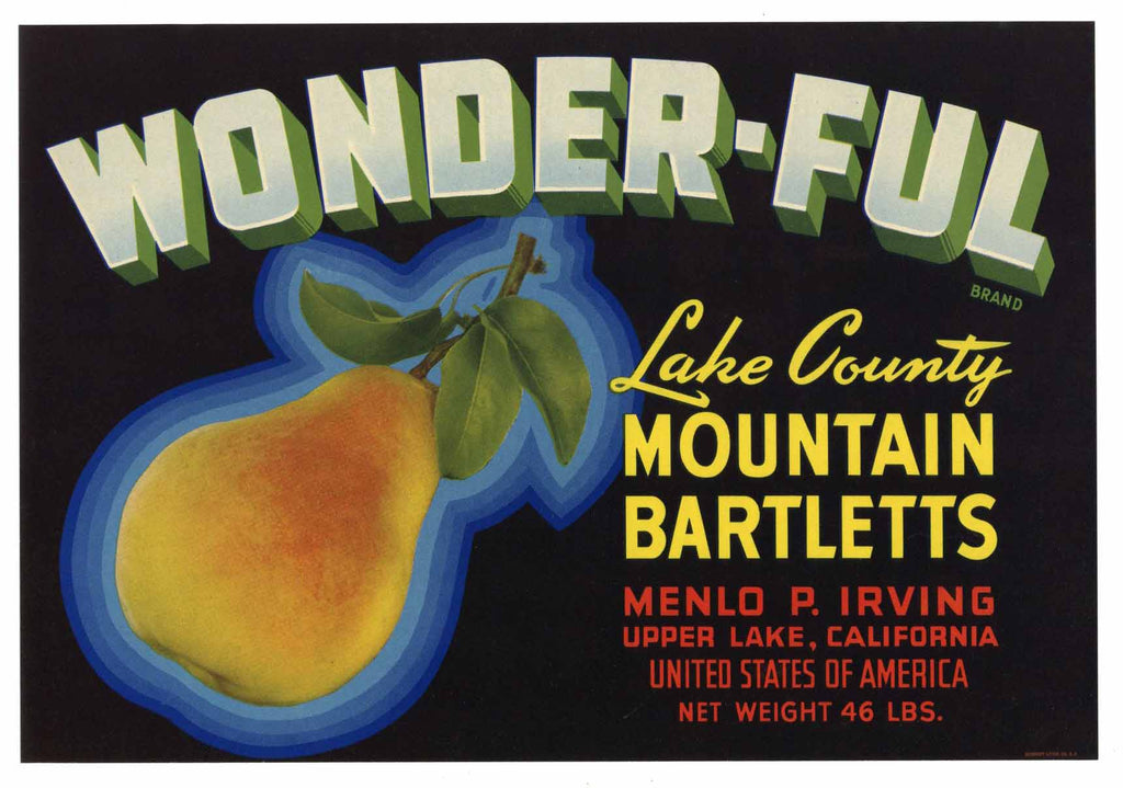 Wonder-Ful Brand Vintage Lake County Pear Crate Label