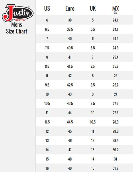 Twisted X Mens Boots Size Chart