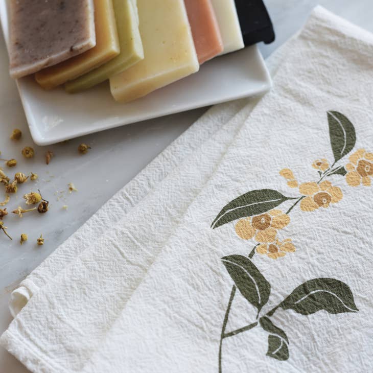 hand-printed organic cotton peony blossom tea towel — Hearth and