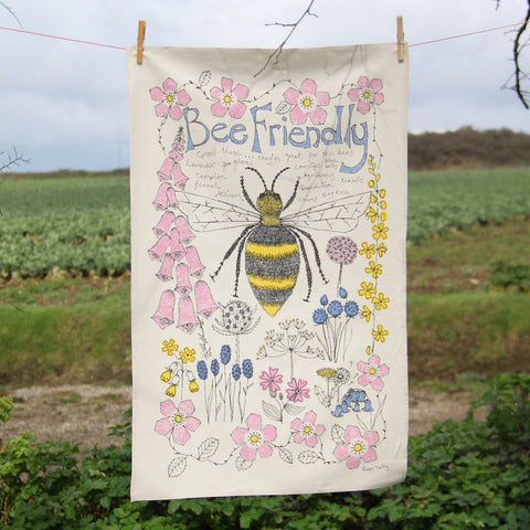 bee friendly flowers tea towel, uk handmade gifts for bee lovers