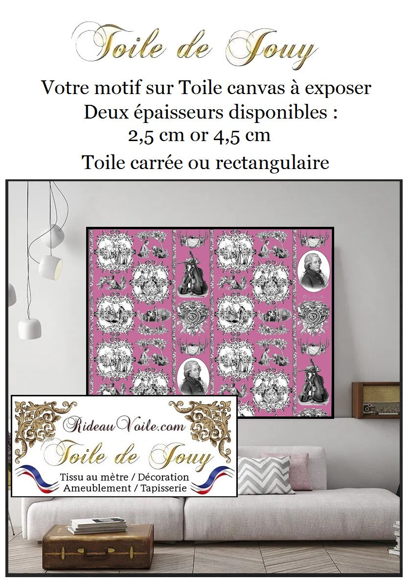 Toile de Jouy tissu au mètre ameublement rideaux voilage tapisserie papier peint luxe fabrication entreprise Française Paris Versailles. Décorateur designer architecte hôtel restaurant.