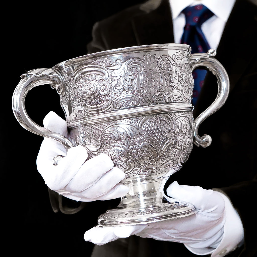 Antique Georgian Irish Solid Silver Large Two Handled Cup/Wine Cooler with Beautiful Floral Chasing - Dublin 1726