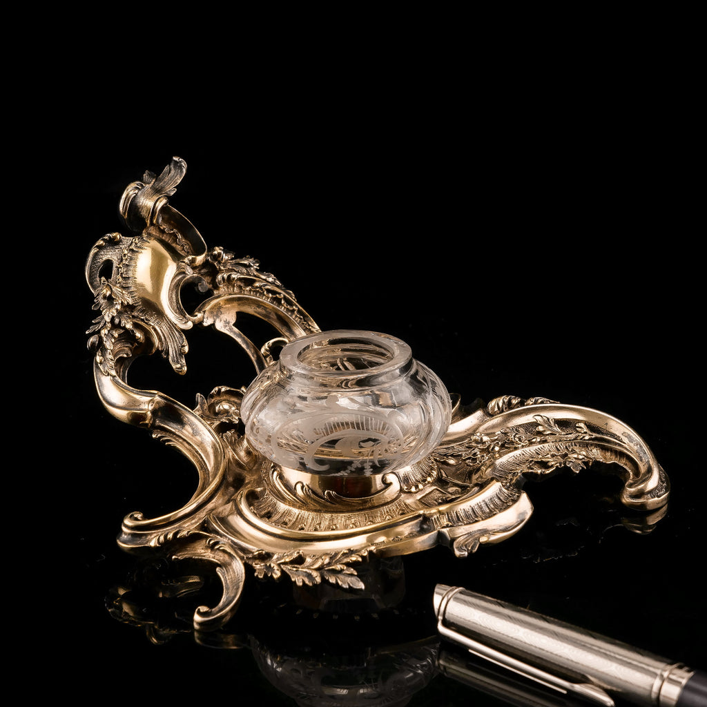 A Magnificent French Solid Silver Gilt Rococo Style Inkwell / Stand - Emile Puiforcat