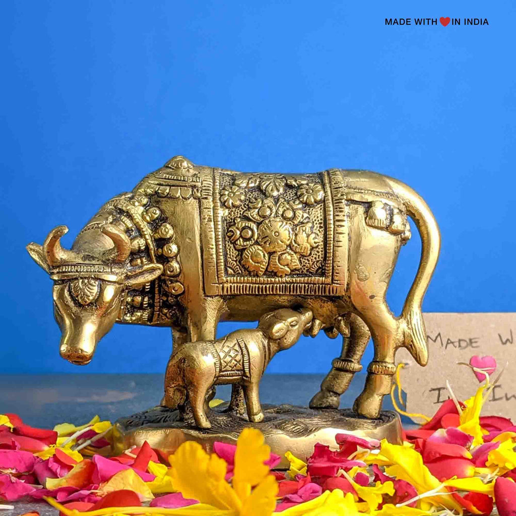 Gomata Brass Statue - Cow and Calf Kamdhenu Idol - 4 inches