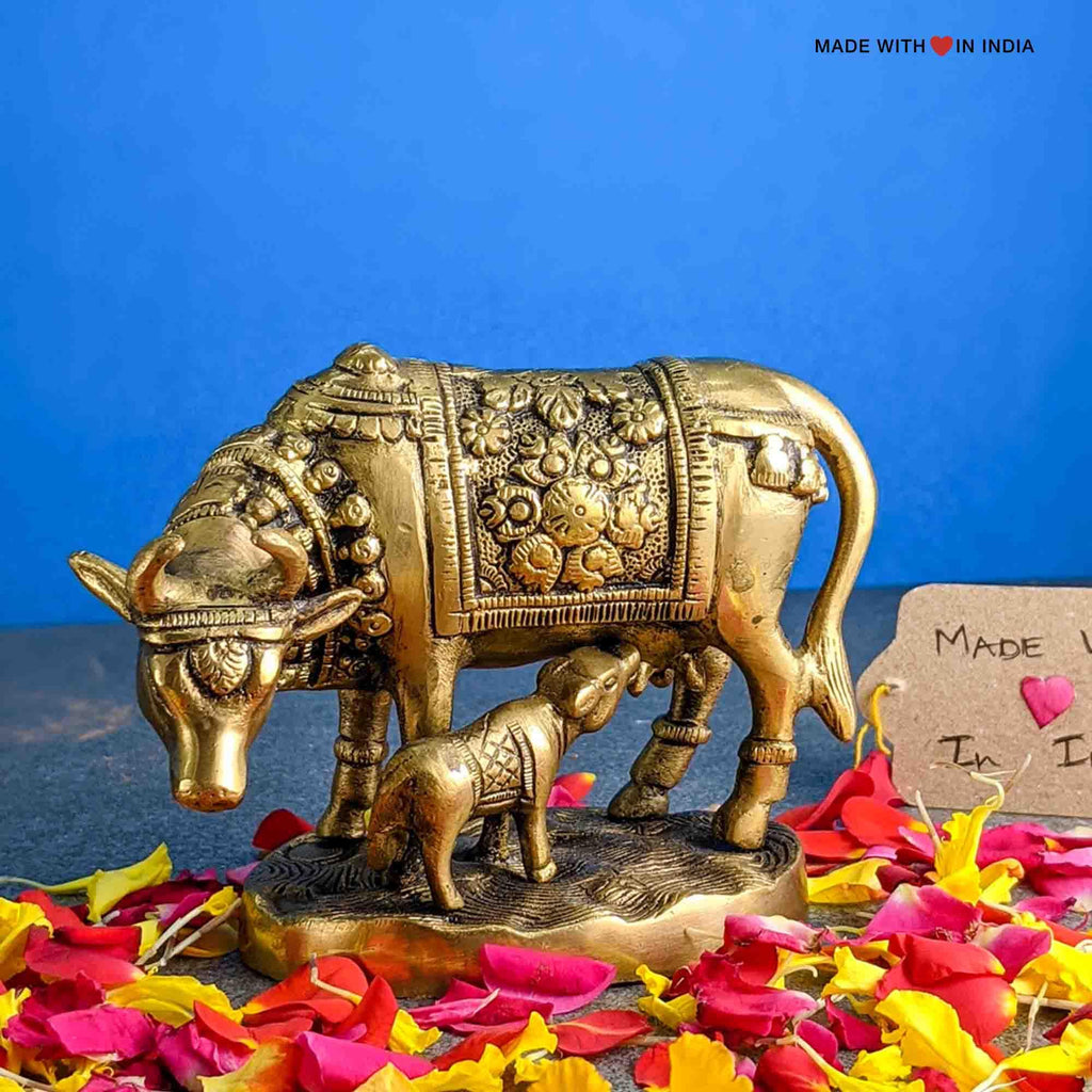 Gomata Brass Statue - Cow and Calf Kamdhenu Idol - 4 inches