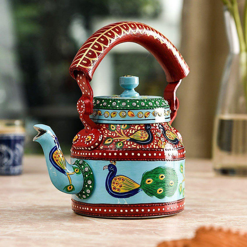 Nilakanth - Hand Painted Chai Kettle Teapot in Blue, Yellow, & Red