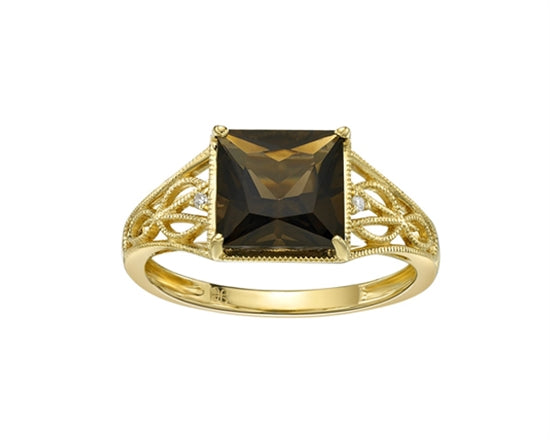 14K Yellow Gold Smoky Topaz and Diamond Ring