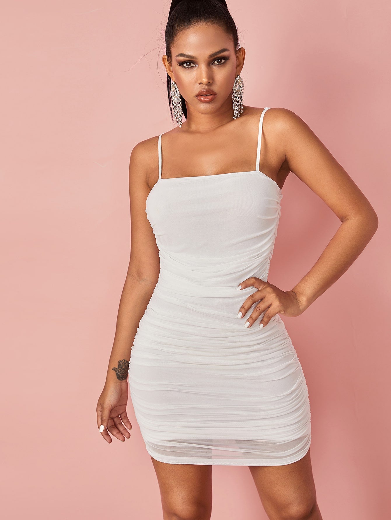 one above another bodycon cami dress in check mesh